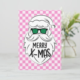 Retro Groovy Pink Checkered Santa Claus Christmas Julkort
