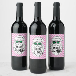Retro Groovy Pink Checkered Santa Claus Christmas Vinflaska Etikett