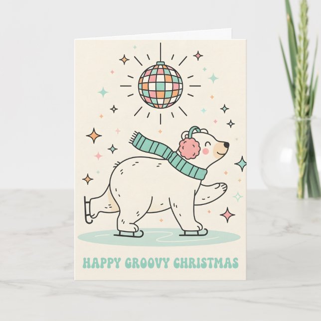 Retro Groovy Polar Bear Merry Christmas Helgkort (Framsida)