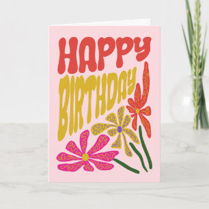 Retro Groovy Psychedelic Flower Rosa Red Birthday Kort