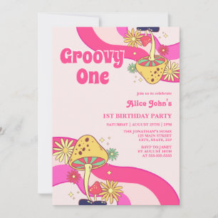 Retro Groovy Psychedelic Mushroom Rosa Birthday Inbjudningar