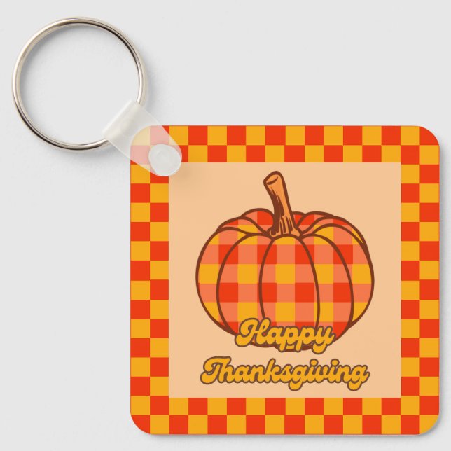 Retro Groovy Pumpkin Checkated Thanksgiving Nyckelring (Framsida)