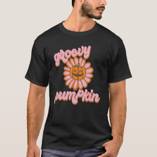 Retro Groovy Pumpkin Halloween Flower Rosa T Shirt