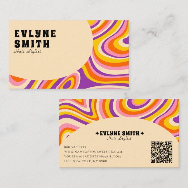 Retro Groovy QR-kod 70s Psychedelic Hairs Stylist Visitkort (Fram/baksida)