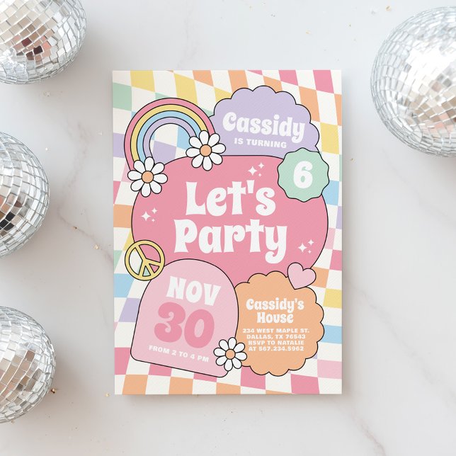 Retro Groovy Rainbow Checker Girl Birthday Inbjudningar (Skapare uppladdad)