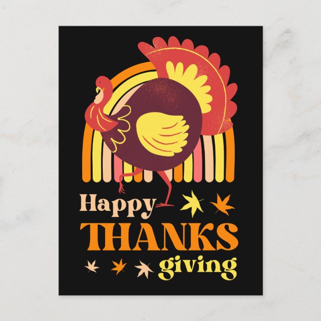 Retro Groovy Rainbow Turkey Black Thansgiving Vykort (Framsida)