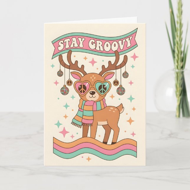 Retro Groovy Reindeer Merry Christmas Helgkort (Framsida)