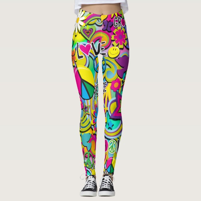 Retro Groovy ROLIGT 60-tal Sixties Kärlek Färgrik  Leggings (Framsida)