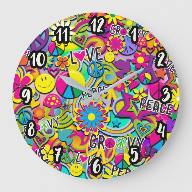 Retro Groovy ROLIGT 60-tal Sixties Kärlek Färgrik  Stor Klocka (Framsida)
