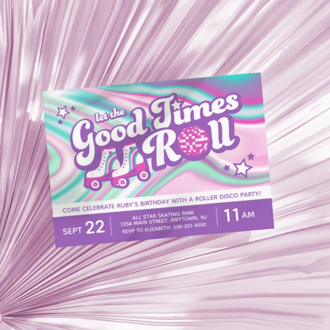 Retro Groovy Roller Skating Party Lila & Rosa Inbjudningar (Skapare uppladdad)