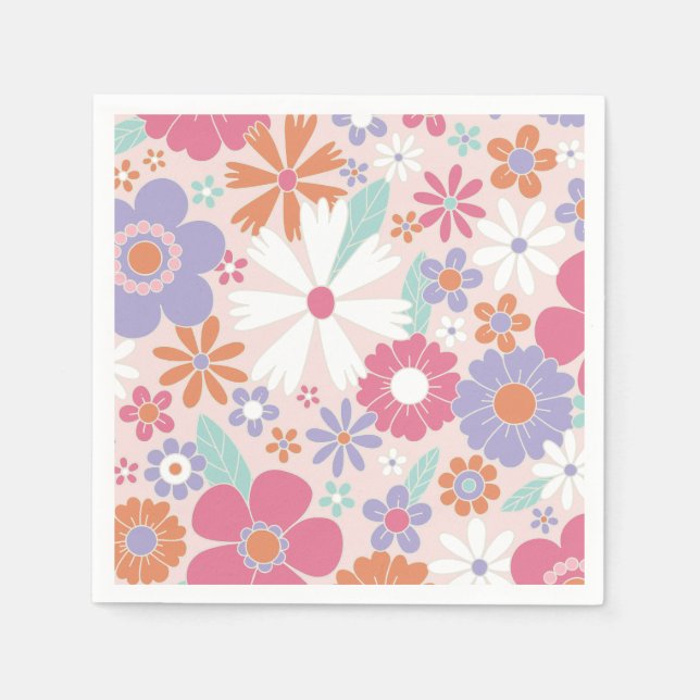 Retro Groovy Rosa Blommig Pappersservett (Framsidan)