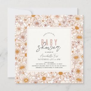 Retro Groovy Rosa Blommigt Girl Baby Shower Inbjudningar