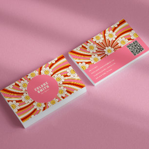 Retro Groovy Rosa Colorful QR Code 70 s Blommigt Visitkort