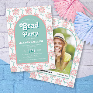 Retro Groovy rosa och aqua-blommor 70-tal Studente Inbjudningar