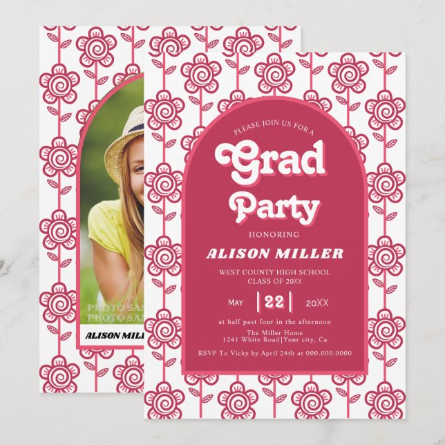 Retro Groovy rosa och aqua-blommor 70-tal Studente Inbjudningar (Fram/baksida)
