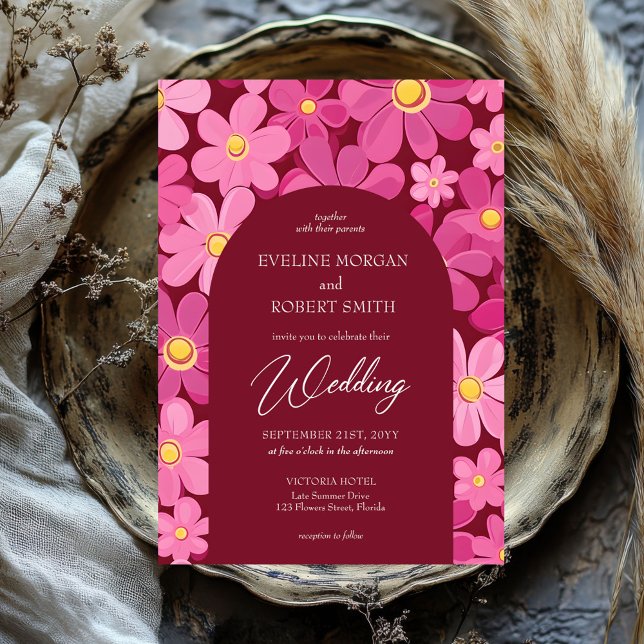 Retro groovy rosa och gula blommor boho arch inbjudningar (retro groovy magenta pink and yellow flowers wedding invitation)