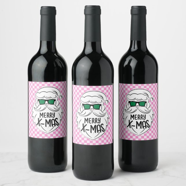 Retro Groovy Rosa Rutiga Tomte Jul  Vinflaska Etikett (Flaskor)