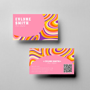 Retro Groovy Rosa White QR Code 70s Psychedelic Visitkort
