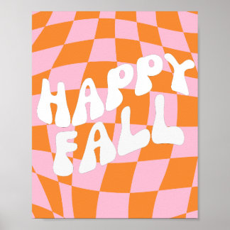 Retro Groovy Rutiga Rosa Och Orange Höst Vägg Poster