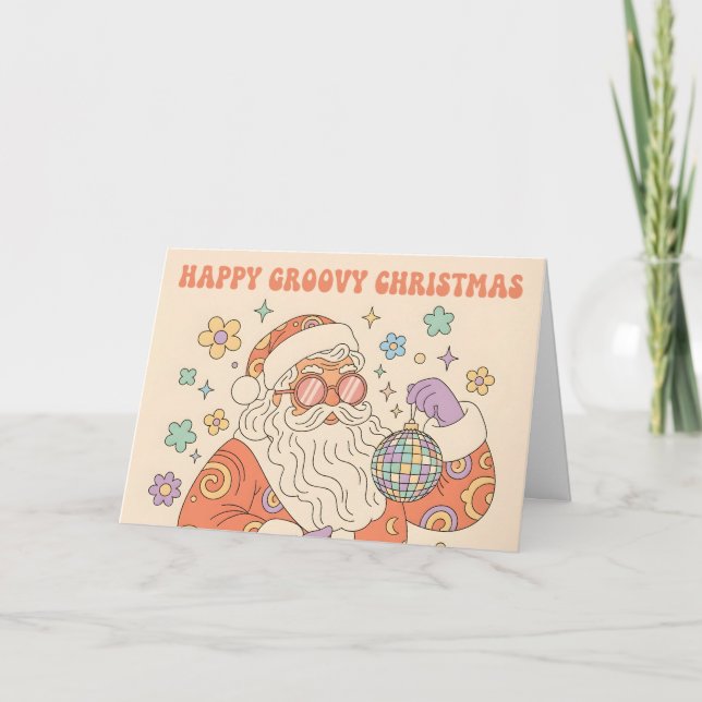 Retro Groovy Santa Merry Christmas  Helgkort (Framsida)
