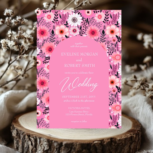 Retro Groovy shock rosa och vita blommor Inbjudningar (retro groovy hot pink and white flowers wedding invitation )