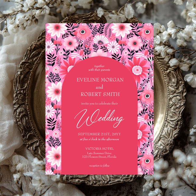 Retro Groovy shock rosa och vita blommor Inbjudningar (retro groovy hot pink and white flowers wedding invitation)