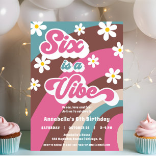 Retro Groovy SIX är en Vibe rosa teal-flickfödelse Inbjudningar