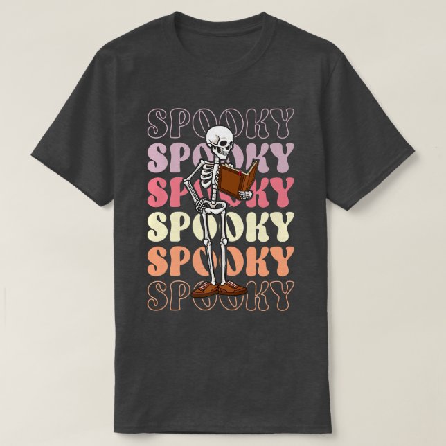 Retro Groovy Skeleton Ghost Boo Teacher Boooks Ha T Shirt (Design framsida)