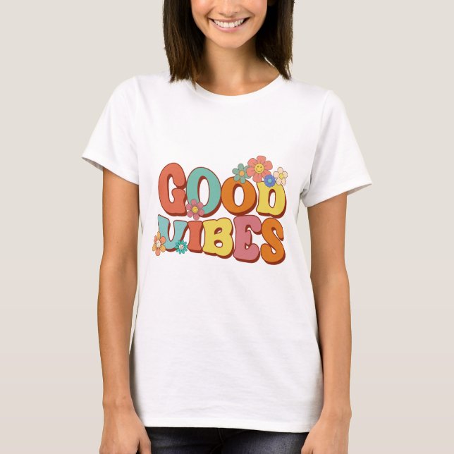 Retro Groovy Smile Daisy Good Vibes T Shirt (Framsida)