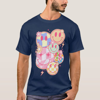 Retro Groovy Smile Face Flower Happy Face Checkere T Shirt