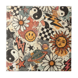 Retro Groovy Smiley Sun Daisy Psychedelic Pattern Kakelplatta