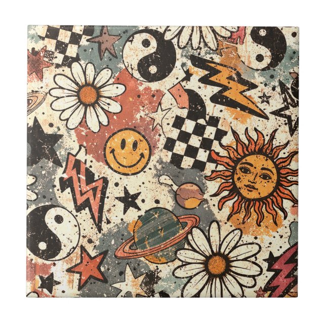 Retro Groovy Smiley Sun Daisy Psychedelic Pattern Kakelplatta (Framsidan)