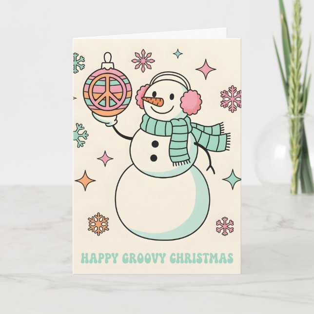 Retro Groovy Snowman Merry Christmas Helgkort (Framsida)