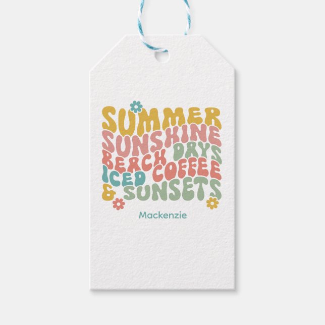 Retro Groovy Sommar Rosa Monogram Namn bricka Presentetikett (Framsidan)