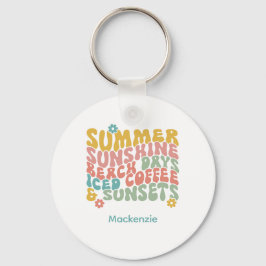 Retro Groovy Sommar Rosa Monogram Namn Nyckelring