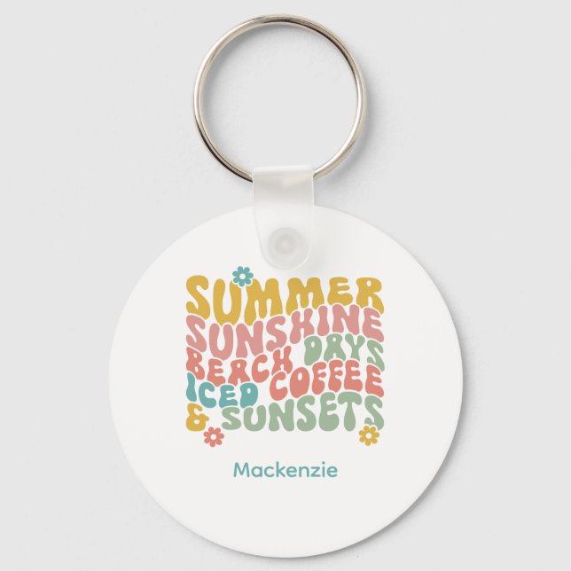 Retro Groovy Sommar Rosa Monogram Namn Nyckelring (Framsida)