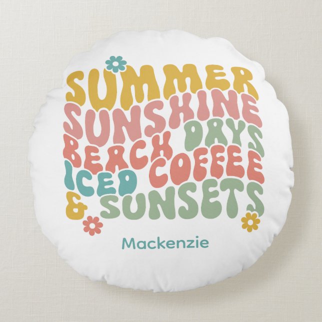 Retro Groovy Sommar Rosa Monogram Namn Rund Kudde (Framsidan)