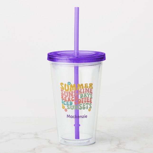 Retro Groovy Sommar Rosa Monogram Namn Take Away Mugg (Framsida)