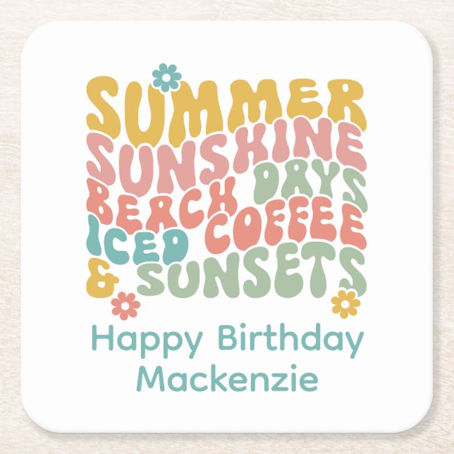 Retro Groovy Sommar Rosa Monogram Namn Underlägg Papper Kvadrat (Framsidan)