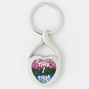 Retro Groovy Söt Blommig Omniromantisk Prideflagga Twisted Heart Silverfärgad Nyckelring