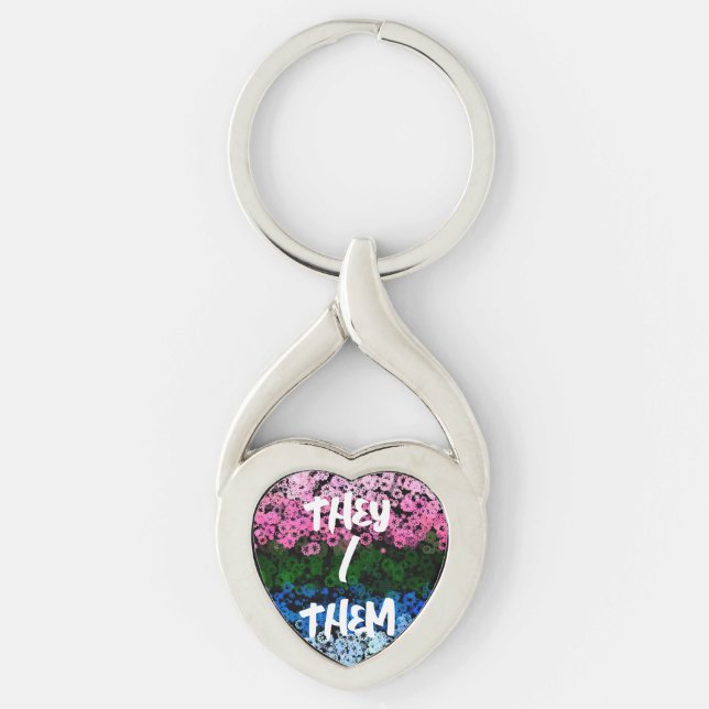 Retro Groovy Söt Blommig Omniromantisk Prideflagga Twisted Heart Silverfärgad Nyckelring (Framsidan)