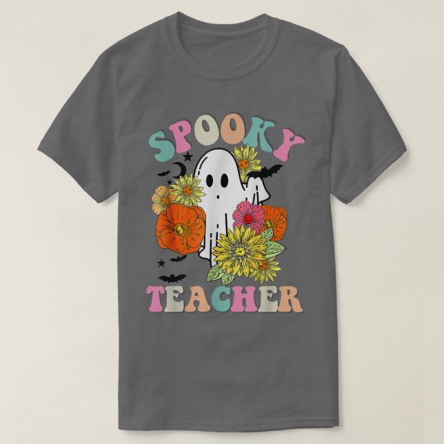 Retro Groovy Spooky Teacher Fall Blommigt Ghost Ha T Shirt (Design framsida)