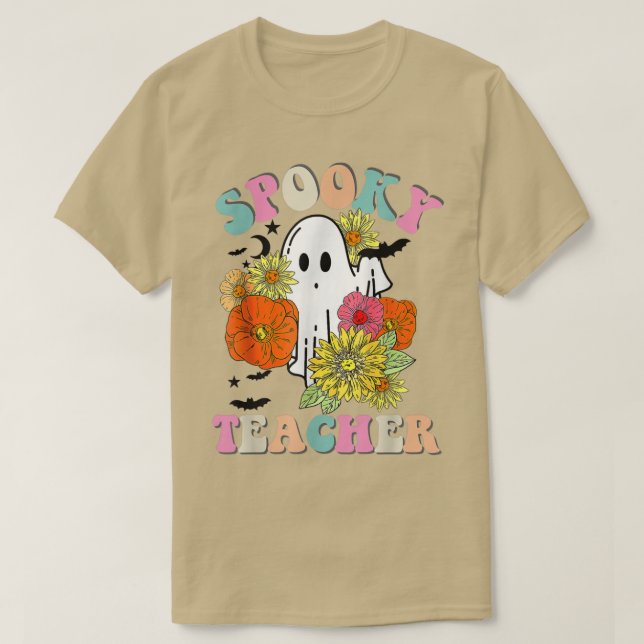 Retro Groovy Spooky Teacher Fall Blommigt Ghost Ha T Shirt (Design framsida)