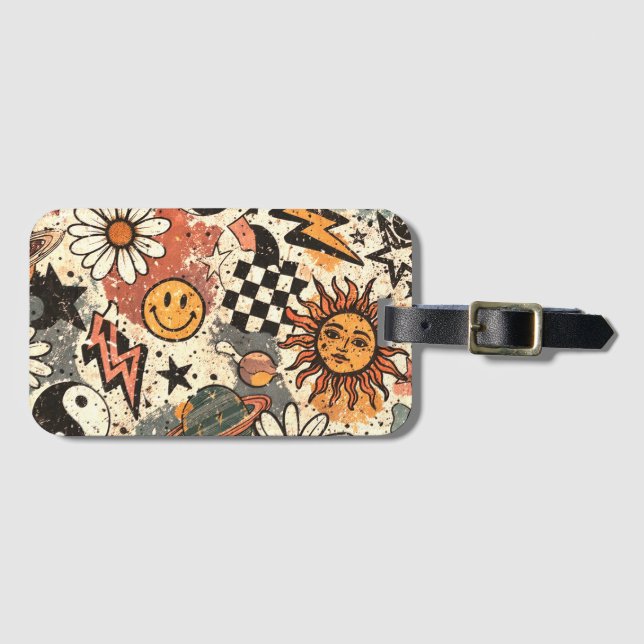 Retro Groovy Sticker Collage Pattern Smiley Face Bagagebricka (Framsida horisontal)