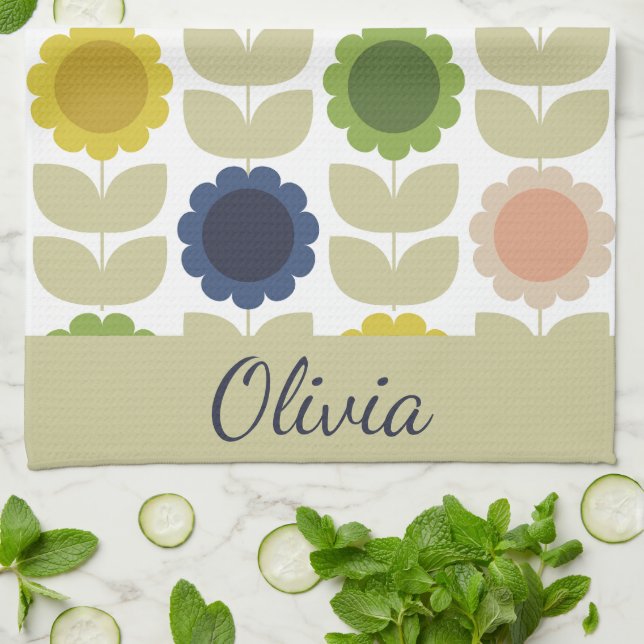 Retro Groovy Summer Flowers Stems Kökshandduk (Vikta)