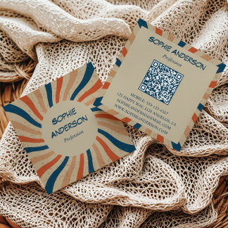 Retro Groovy Sunburst Fyrkantig QR-kod Fyrkantig Fyrkantigt Visitkort