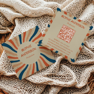 Retro Groovy Sunburst Fyrkantig QR-kod Fyrkantig Fyrkantigt Visitkort