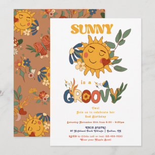 Retro Groovy Sunshine Flower Power Födelsedagsfest Inbjudningar