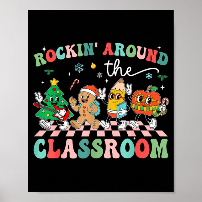 Retro Groovy Teacher Christmas Rockin' Around The  Poster (Framsidan)