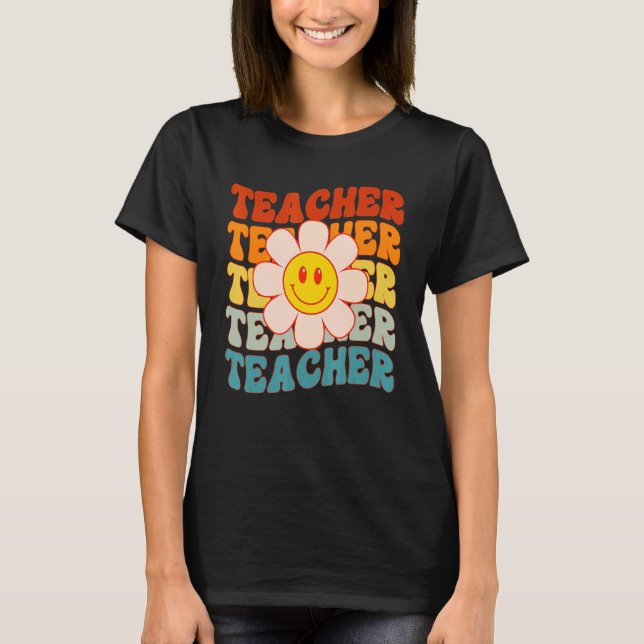 Retro Groovy Teacher Lycklig Ansikte Cute Daisy Fl T Shirt (Framsida)